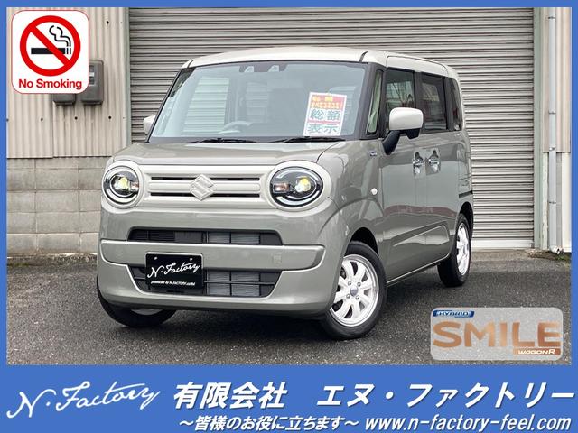 ハイブリッドＳリミテッド　届出済未使用車・禁煙車・　スズキセーフティサポート　モスグレーＭ／ベージュ２トン　社外１４インチアルミホイール　ライトガーニッシュ左右ペイント　フロントグリルペイント　両側電動スライドドア　ＬＥＤヘッドランプ　ｉストップ