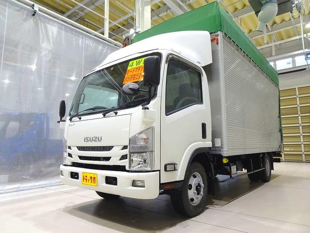 フルフラットロー　３ｔ　４ＷＤ　ワイド超ロング　オープントップアルミバン　リア幌カーテン式　ラッシングレール２段　荷室ＬＥＤ灯４個　箱天井／リア入口幌シート取付　社外ナビ／バックカメラ連動／フルセグ　ドラレコ