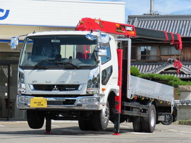 ファイター ７．４ｔ　増トンワイド　４段クレーン付ハイジャッキ　内寸－長５５１／幅２３５／高３９・ユニック・パブコ・床板・内フック５対・ラジコン・フックイン・２．９３ｔ吊・ＭＬ警報型・差違いジャッキ・アルミブロック・アオリ３方開・歩み掛け・荷台後部床鉄（1枚目）