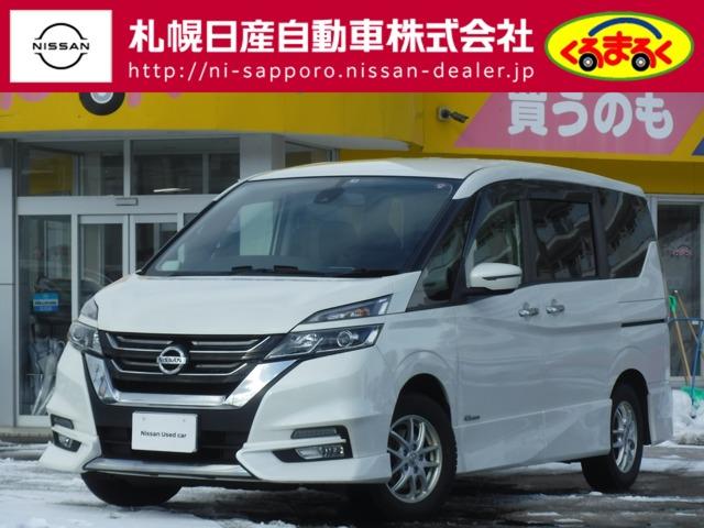 日産 セレナ ハイウェイスター　Ｖセレクション　大型ナビ・地デジ・バックカメラ・エマージェンシーブレーキ・両側電動ドアー・純正エンジンスターター・ＬＥＤライト　４ＷＤ　ＥＴＣ　３列シート　ウォークスルー　オートクルーズコントロール　ＤＶＤ再生