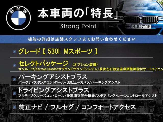 ５シリーズ ５３０ｉ　Ｍスポーツ　セレクトパッケージ　パーキングアシストプラス　ドライビングアシストプラス　純正ナビ　フルセグ　黒革シート　シートヒーター　パワーシート　パワーバックドア　ＬＥＤヘッドライト　ＬＥＤフォグライト　ＥＴＣ（3枚目）