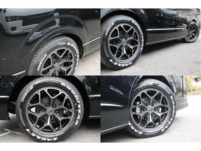 ハイエースワゴン ＧＬ　ロング　ＢＩＧ－ＸナビＥＴＣ２．０フリップダウンモニターＦＬＥＸインテリアパネルステアリングシートカバー床張り施工ＦＬＥＸ１７インチアルミナスカータイヤフロントスポイラーオーバーフェンダーＦＬＥＸテール（19枚目）