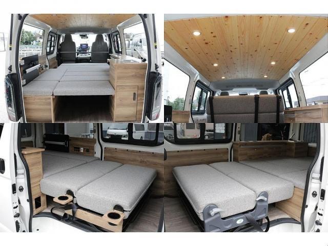 ハイエースバン ロングDX キャンピングWoodVillageメッキ部マッドブラック塗装FLEXテールシートカバーFLEX16インチアルミTOYOタイヤオーバーフェンダーT-Forcスポイラー床張り施工BIG-XナビETC2.0(5枚目)