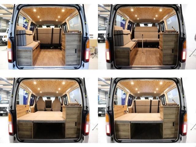 ハイエースバン ロングDX キャンピングWoodVillageメッキ部マッドブラック塗装FLEXテールシートカバーFLEX16インチアルミTOYOタイヤオーバーフェンダーT-Forcスポイラー床張り施工BIG-XナビETC2.0(6枚目)