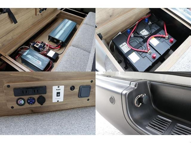 ハイエースバン ロングDX キャンピングWoodVillageメッキ部マッドブラック塗装FLEXテールシートカバーFLEX16インチアルミTOYOタイヤオーバーフェンダーT-Forcスポイラー床張り施工BIG-XナビETC2.0(7枚目)