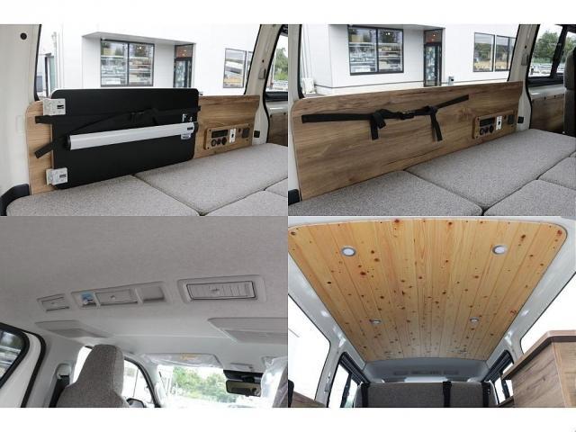 ハイエースバン ロングDX キャンピングWoodVillageメッキ部マッドブラック塗装FLEXテールシートカバーFLEX16インチアルミTOYOタイヤオーバーフェンダーT-Forcスポイラー床張り施工BIG-XナビETC2.0(11枚目)