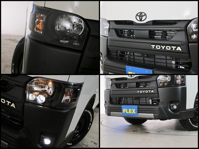 ハイエースバン ロングDX キャンピングWoodVillageメッキ部マッドブラック塗装FLEXテールシートカバーFLEX16インチアルミTOYOタイヤオーバーフェンダーT-Forcスポイラー床張り施工BIG-XナビETC2.0(14枚目)