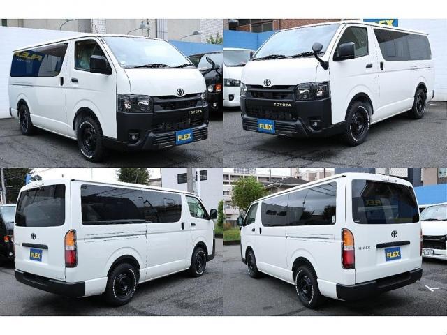 ハイエースバン ロングDX キャンピングWoodVillageメッキ部マッドブラック塗装FLEXテールシートカバーFLEX16インチアルミTOYOタイヤオーバーフェンダーT-Forcスポイラー床張り施工BIG-XナビETC2.0(20枚目)