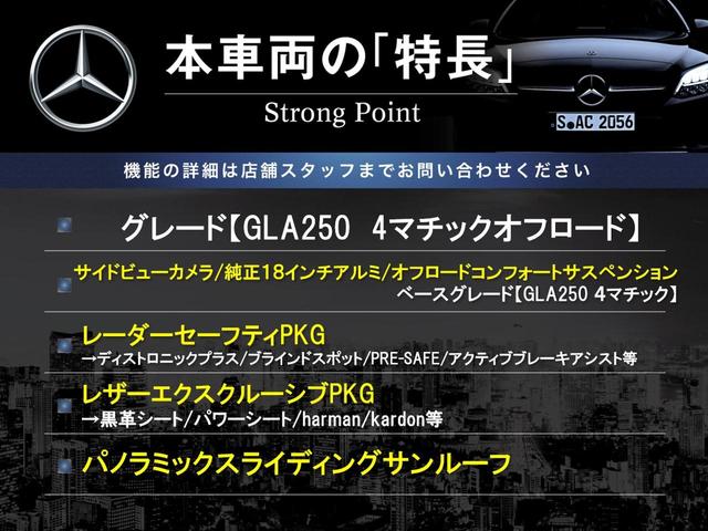 ＧＬＡクラス ＧＬＡ２５０　４マチック　オフロード　パノラミックスライディングサンルーフ　レーダーセーフティＰＫＧ　レザーエクスクルーシブＰＫＧ　黒革シート　純正ナビ　バックカメラ　ディストロニックプラス　純正１８インチアルミ　禁煙車（3枚目）