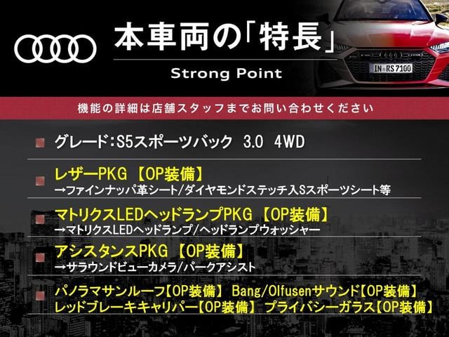 Ｓ５スポーツバック ベースグレード　パノラマサンルーフ　レザーＰＫＧ　アシスタンスＰＫＧ　マトリクスＬＥＤヘッドランプＰＫＧ　Ｂａｎｇ＆Ｏｌｕｆｓｅｎサウンド　プライバシーガラス　レッドブレーキキャリパー　アダプティブクルコン　禁煙車（3枚目）