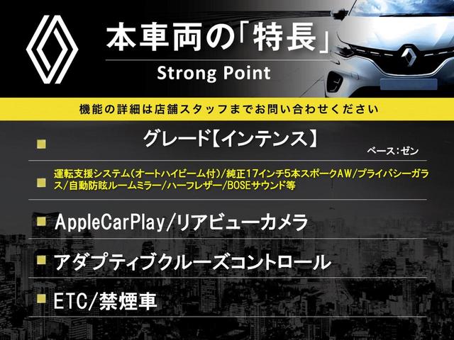 ルーテシア インテンス　１オーナー　ＡｐｐｌｅＣａｒＰｌａｙ　バックカメラ　ＢＯＳＥサウンド　アダプティブクルーズコントロール　ＬＥＤヘッドランプ　オートハイビーム　純正１７インチＡＷ　ハーフレザー　ＥＴＣ　禁煙車（3枚目）