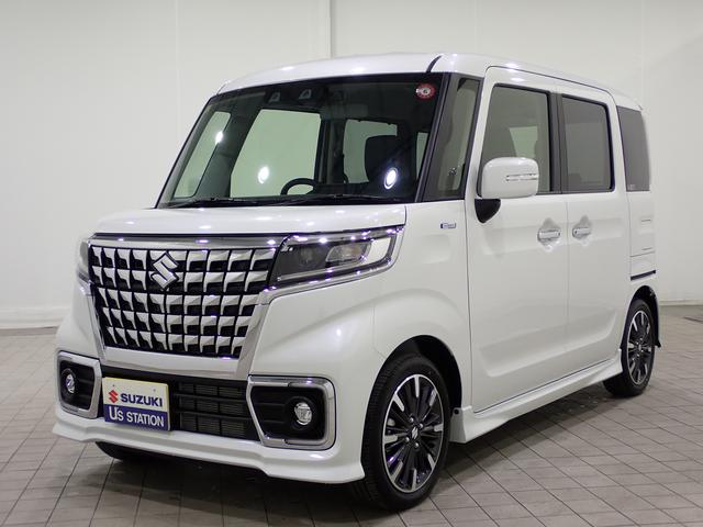 スズキ スペーシアカスタム ！ＧＷ！ハイブリッドＸＳターボ　４ＷＤ　３型　パール！　走行５００ｋｍ！後席両側電動スライドドア　前後衝突軽減ブレーキ・デュアルカメラブレーキサポート　前後誤発進抑制機能　車線逸脱抑制　全車速追従アダプティブクルーズコントロール　フルオートエアコン