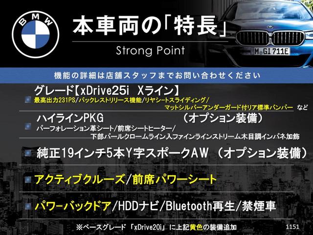 ｘＤｒｉｖｅ　２５ｉ　ｘライン　ハイラインＰＫＧ　アダプディブクルーズ　黒革シート　前席シートヒーター　前席パワーシート　パワーバックドア　純正１９インチアルミ　ＬＥＤヘッドランプ　オートライト　ＨＤＤナビ　バックカメラ　禁煙車(3枚目)