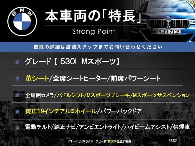 ５シリーズ ５３０ｉ　Ｍスポーツ　全周囲カメラ　革シート　全席シートヒーター　パワーバックドア　パドルシフト　ハイビームアシスト　アンビエントライト　純正１９インチＡＷ　Ｍスポーツサスペンション　ＣＤ／ＤＶＤ再生　地デジＴＶ　禁煙車（3枚目）