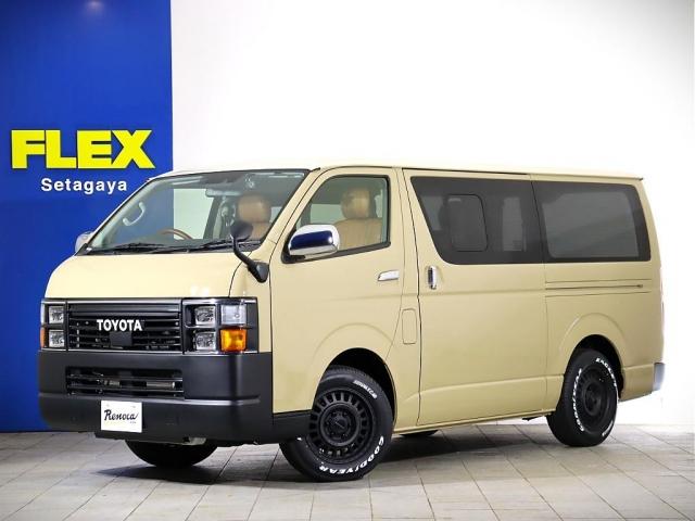 ロングスーパーＧＬ　Ｒｅｎｏｃａ　ＣｏａｓｔＬｉｎｅｓ　角目フェイスチェンジ　オールペイント　ベージュ　ルーフホワイト　マットブラック塗装　ＦＬＥＸ　ＮＣ－１ホイール　ＮＡＳＣＡＲタイヤ　クラシックブラウンシートカバー