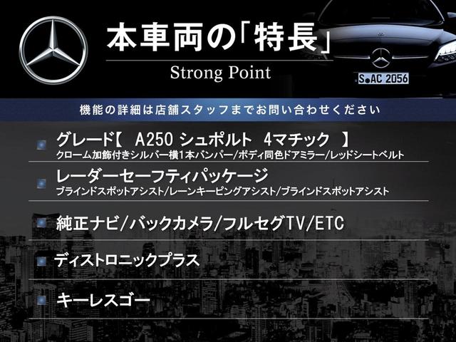 Ａクラス Ａ２５０　シュポルト　４マチック　レーダーセーフティパッケージ　純正ナビ　バックカメラ　ディストロニックプラス　シートヒーター　キーレスゴー　ＬＥＤヘッドライト　メモリ付きパワーシート　ブラインドスポットアシスト　パドルシフト　ＥＴＣ（3枚目）