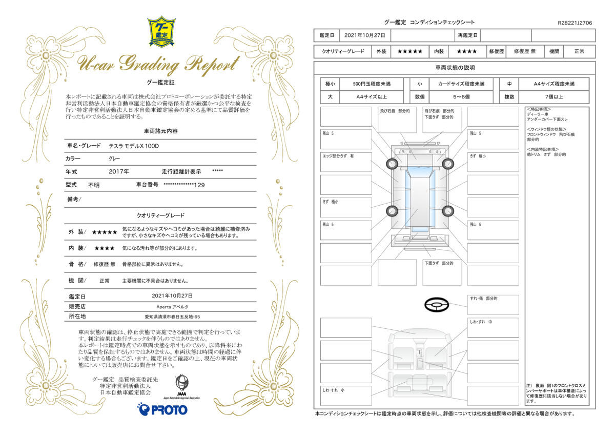 テスラ モデルｘ１００ｄ ６シートインテリア ミッドナイトシルバー ２２インチタービンホイールの中古車 車体価格827万円 2017 平成29 年式 走行3 6万キロ 車体色グレー 愛知県清須市春日五反地６５ ａｐｅｒｔａ アペルタ名古屋 総合商社双日グループ 三和