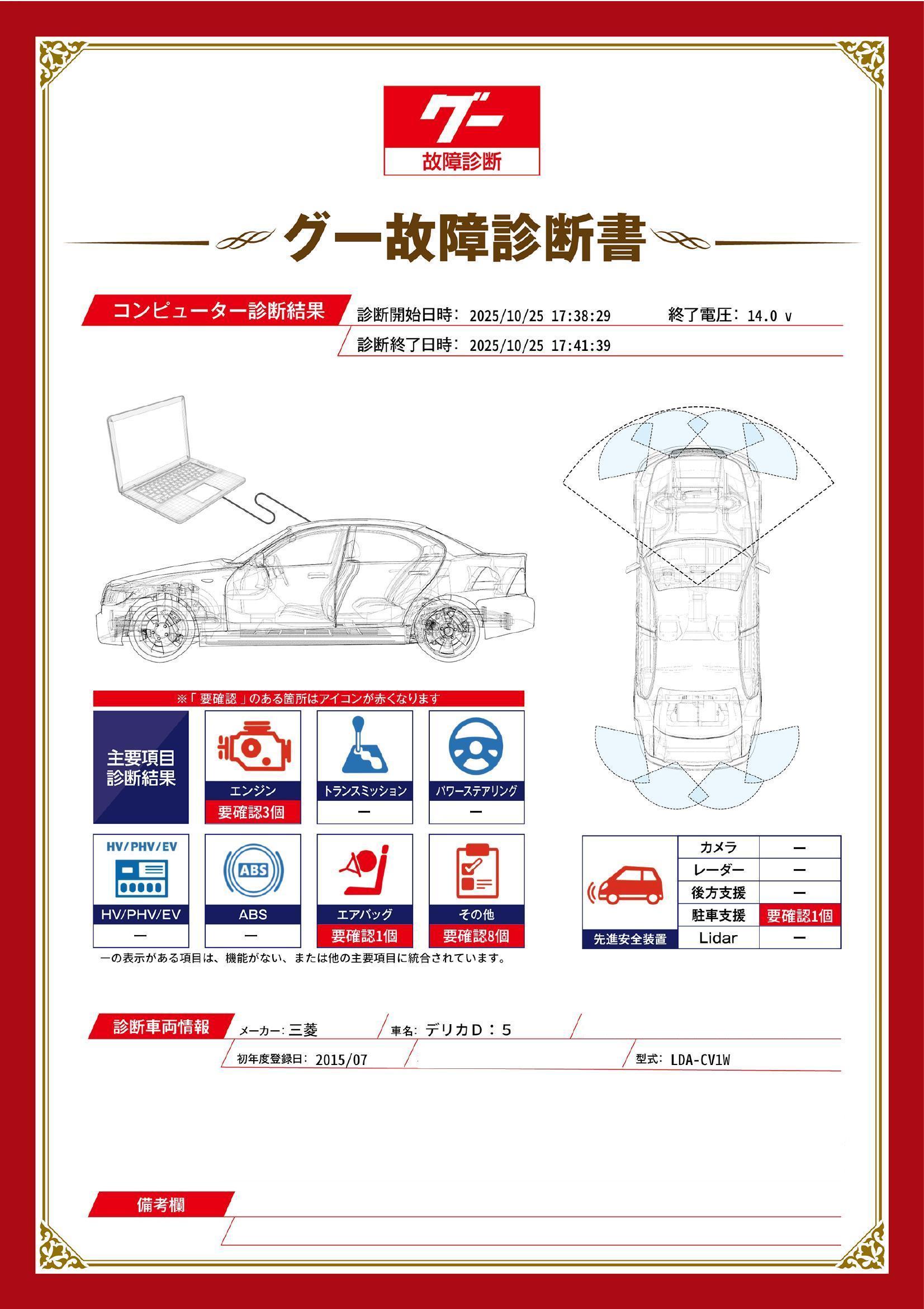 三菱 デリカD:5 グー故障診断(コンピュータ診断) エンジン エアバッグ 先進安全装置 その他 茨城県 那珂市