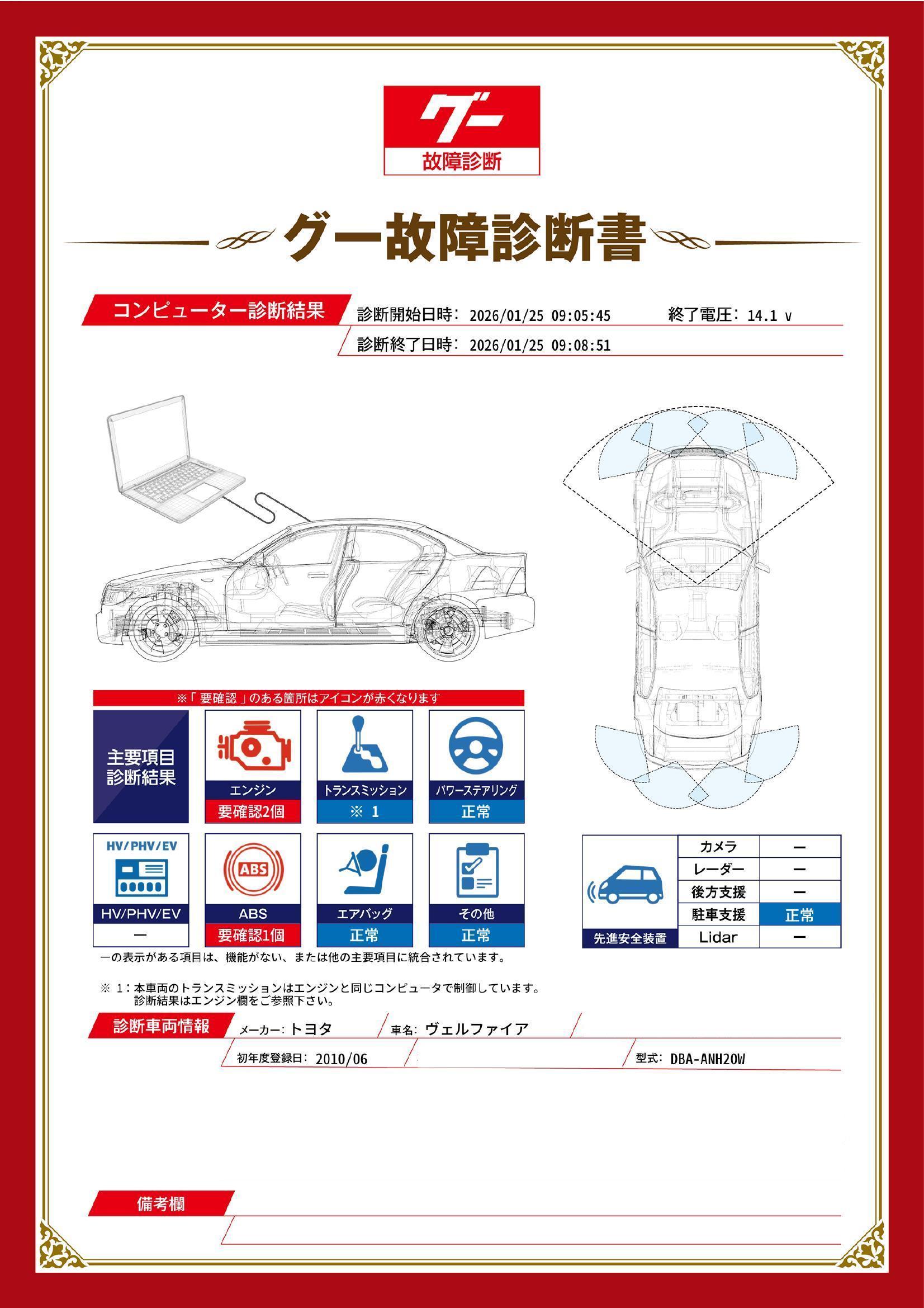 トヨタ　ヴェルファイア　グー故障診断（コンピュータ診断）　エンジン　ABS　埼玉県　さいたま市西区