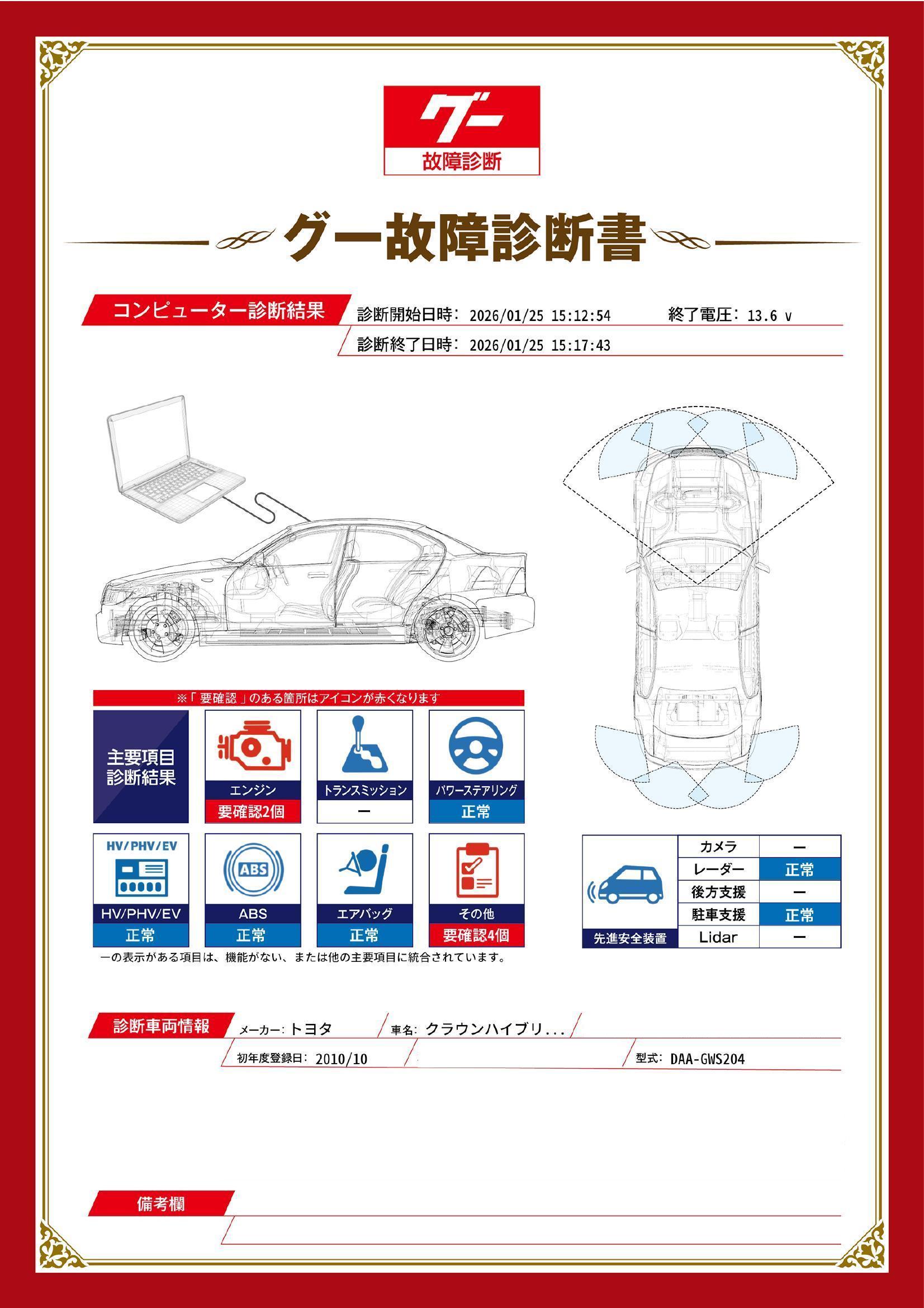 トヨタ　クラウンハイブリッド　グー故障診断（コンピュータ診断）　エンジン　その他　埼玉県　さいたま市西区