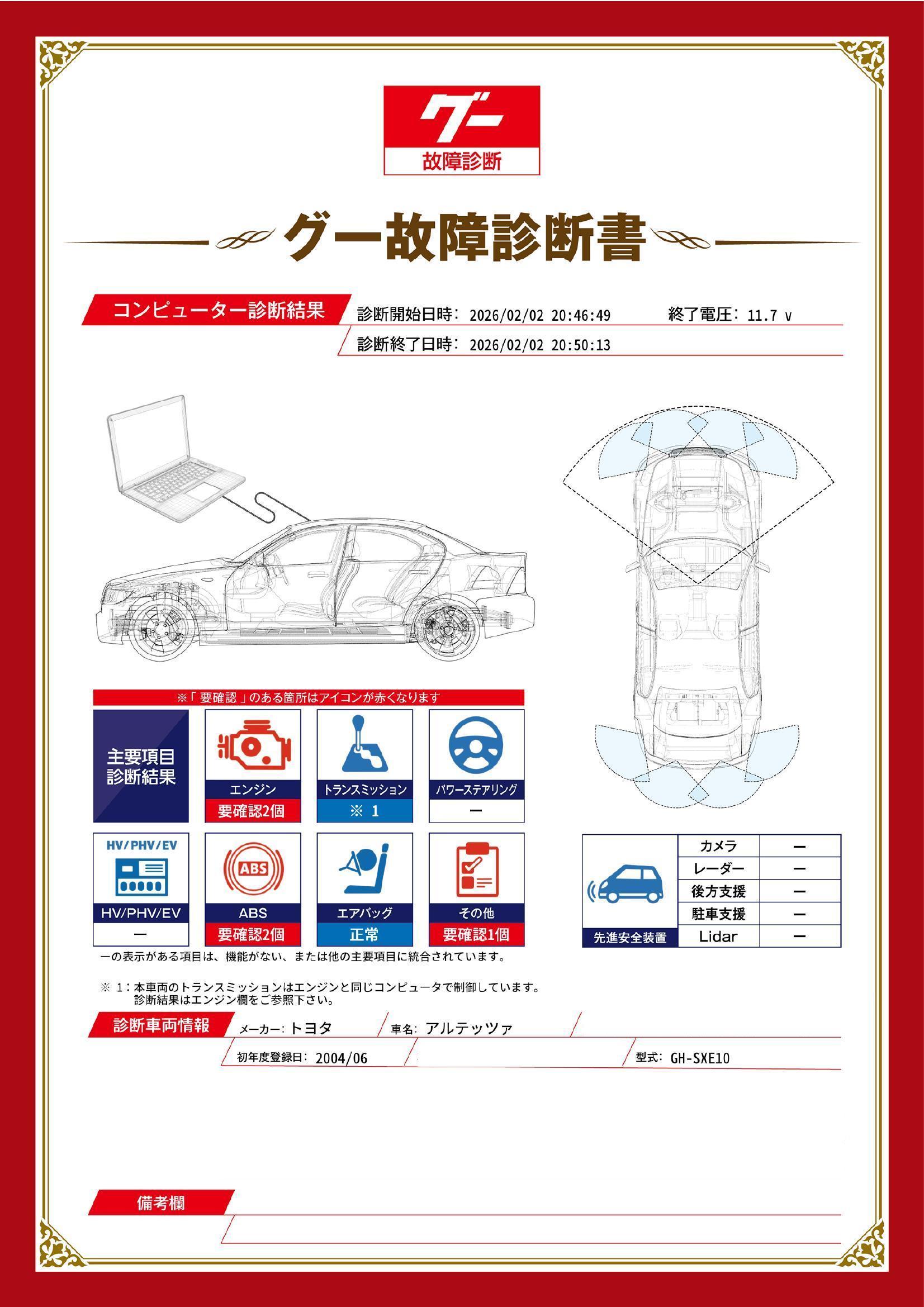 トヨタ　アルテッツァ　グー故障診断（コンピュータ診断）　エンジン　ABS　その他　埼玉県　和光市