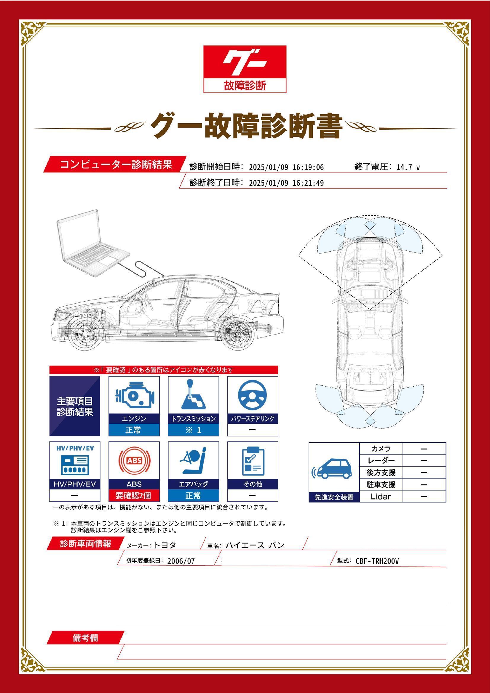 トヨタ　ハイエース バン　グー故障診断（コンピュータ診断）　ABS　愛知県　名古屋市守山区