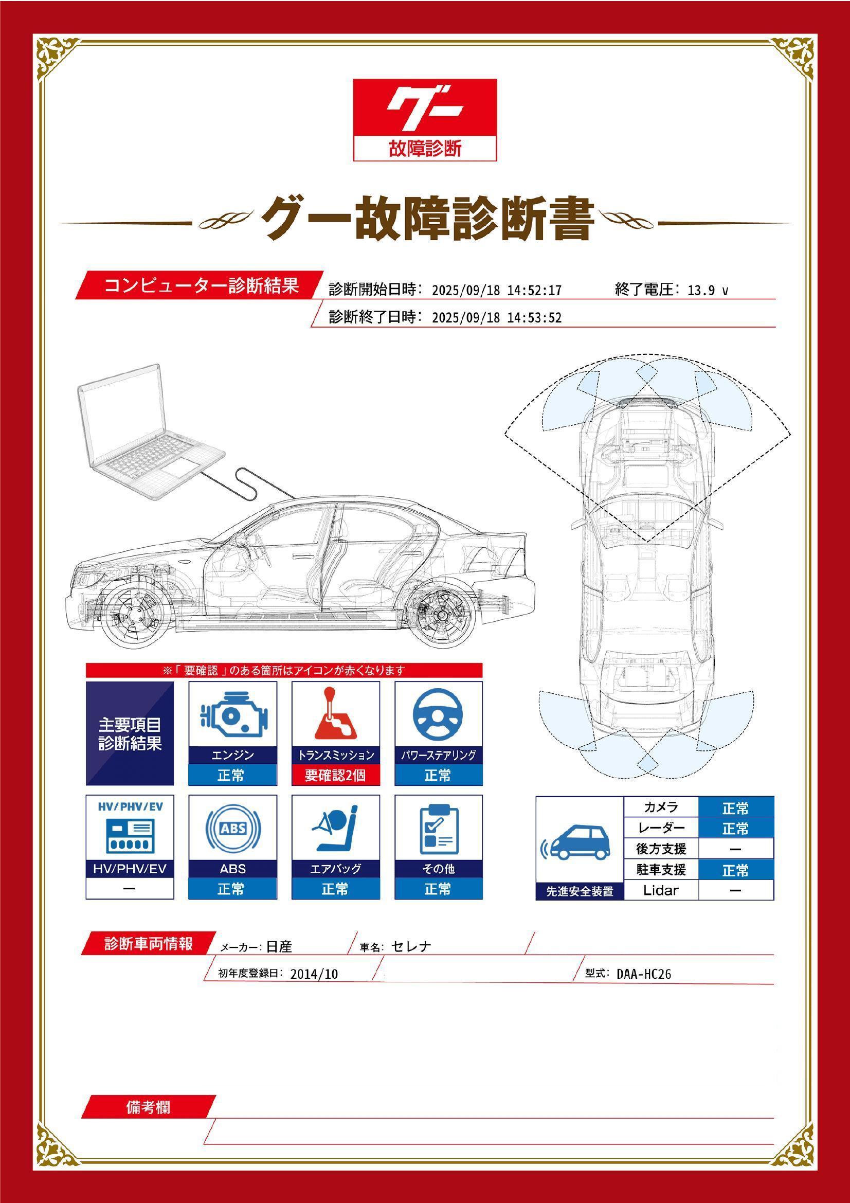 日産　セレナ　グー故障診断（コンピュータ診断）　トランスミッション　埼玉県　熊谷市