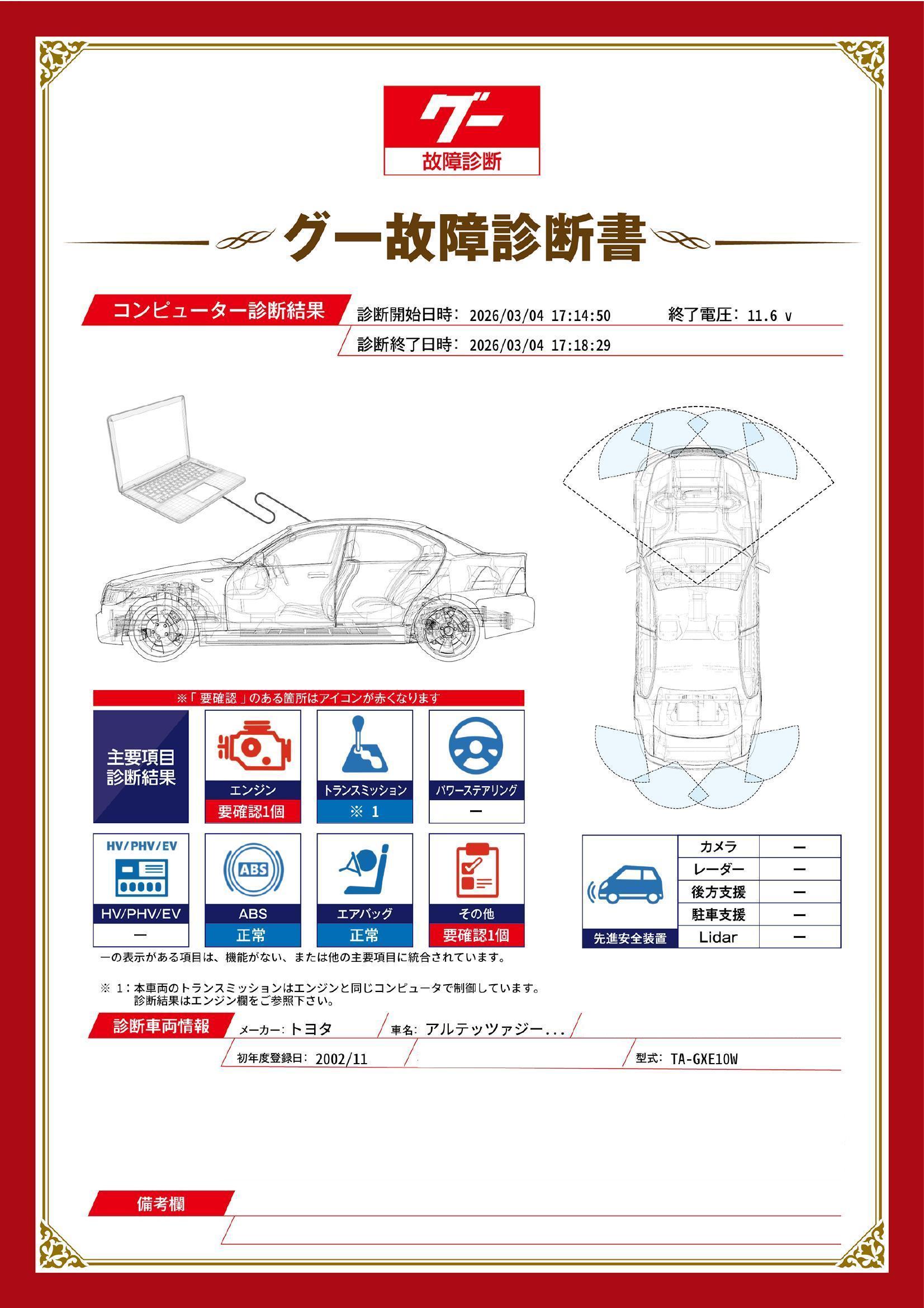 トヨタ　アルテッツァジータ　グー故障診断（コンピュータ診断）　エンジン　その他　埼玉県　川口市