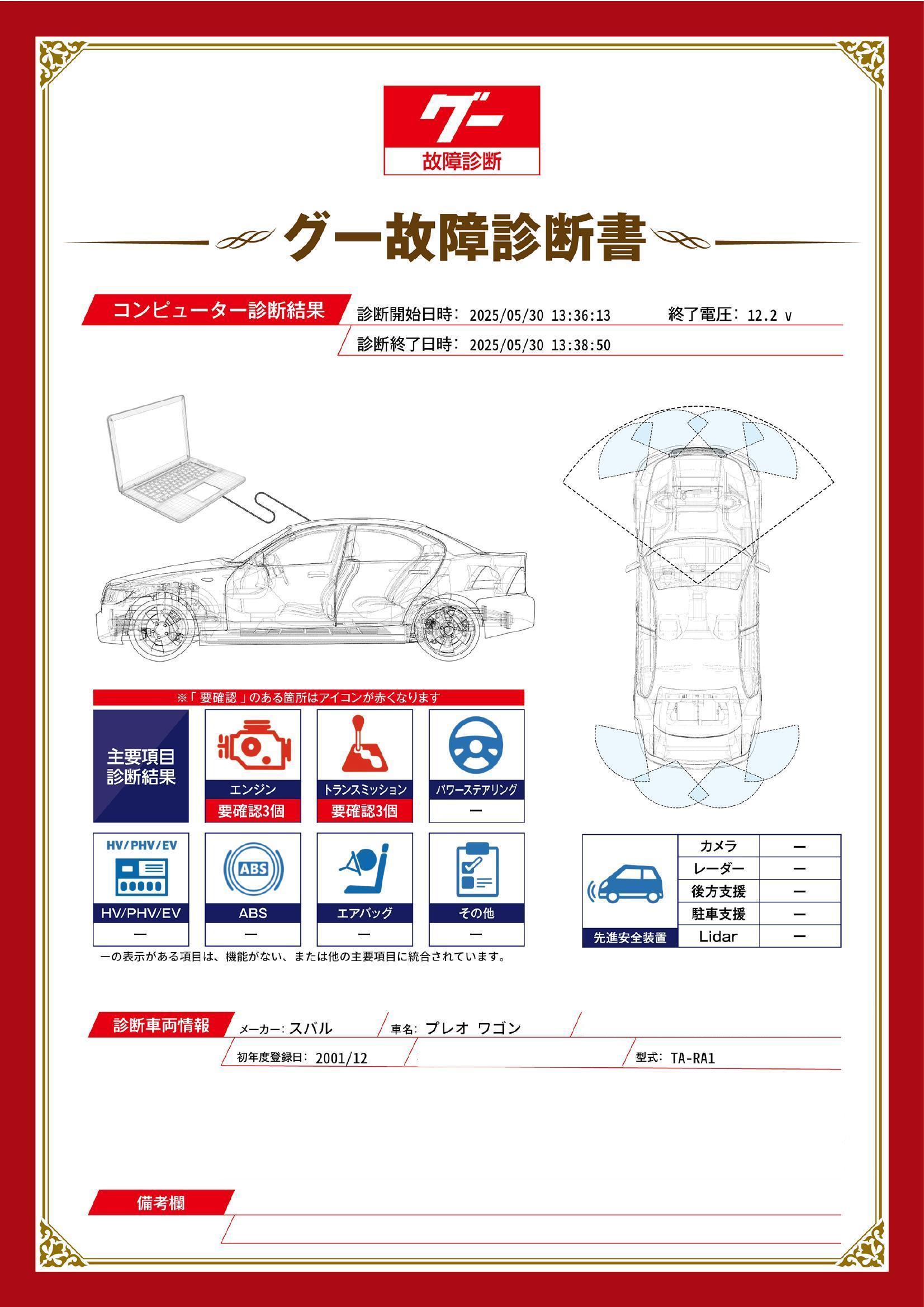 スバル　プレオ　グー故障診断（コンピュータ診断）　エンジン　トランスミッション　福岡県　筑後市