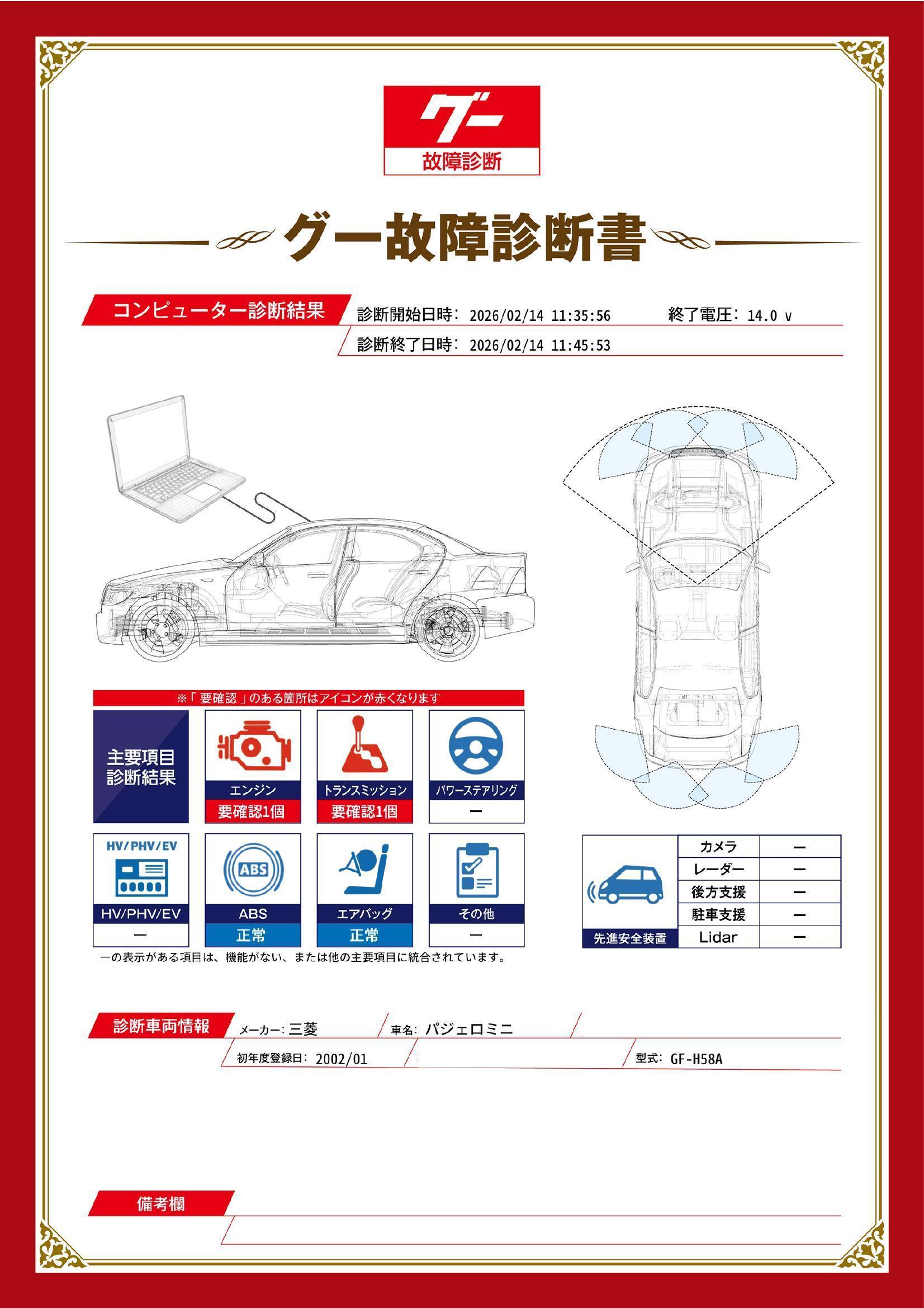 三菱　パジェロミニ　グー故障診断（コンピュータ診断）　エンジン　トランスミッション　宮城県　仙台市宮城野区