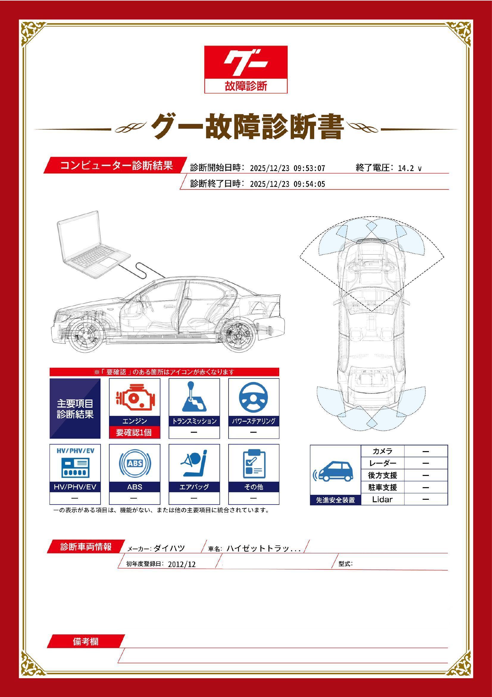 ダイハツ　ハイゼットトラック　グー故障診断（コンピュータ診断）　エンジン　新潟県　長岡市