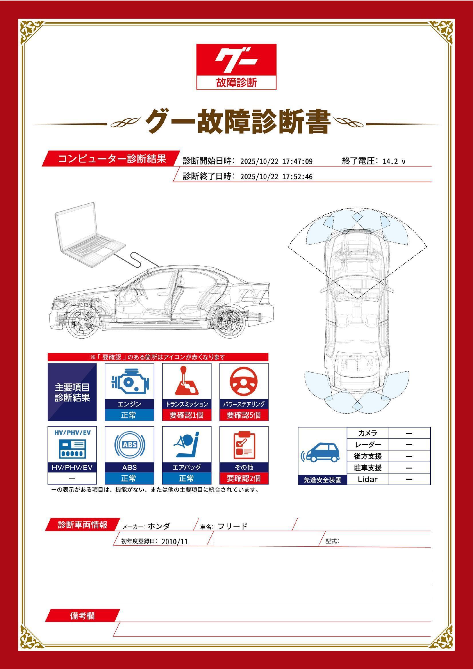 ホンダ　フリード　グー故障診断（コンピュータ診断）　トランスミッション　パワーステアリング　その他　埼玉県　羽生市
