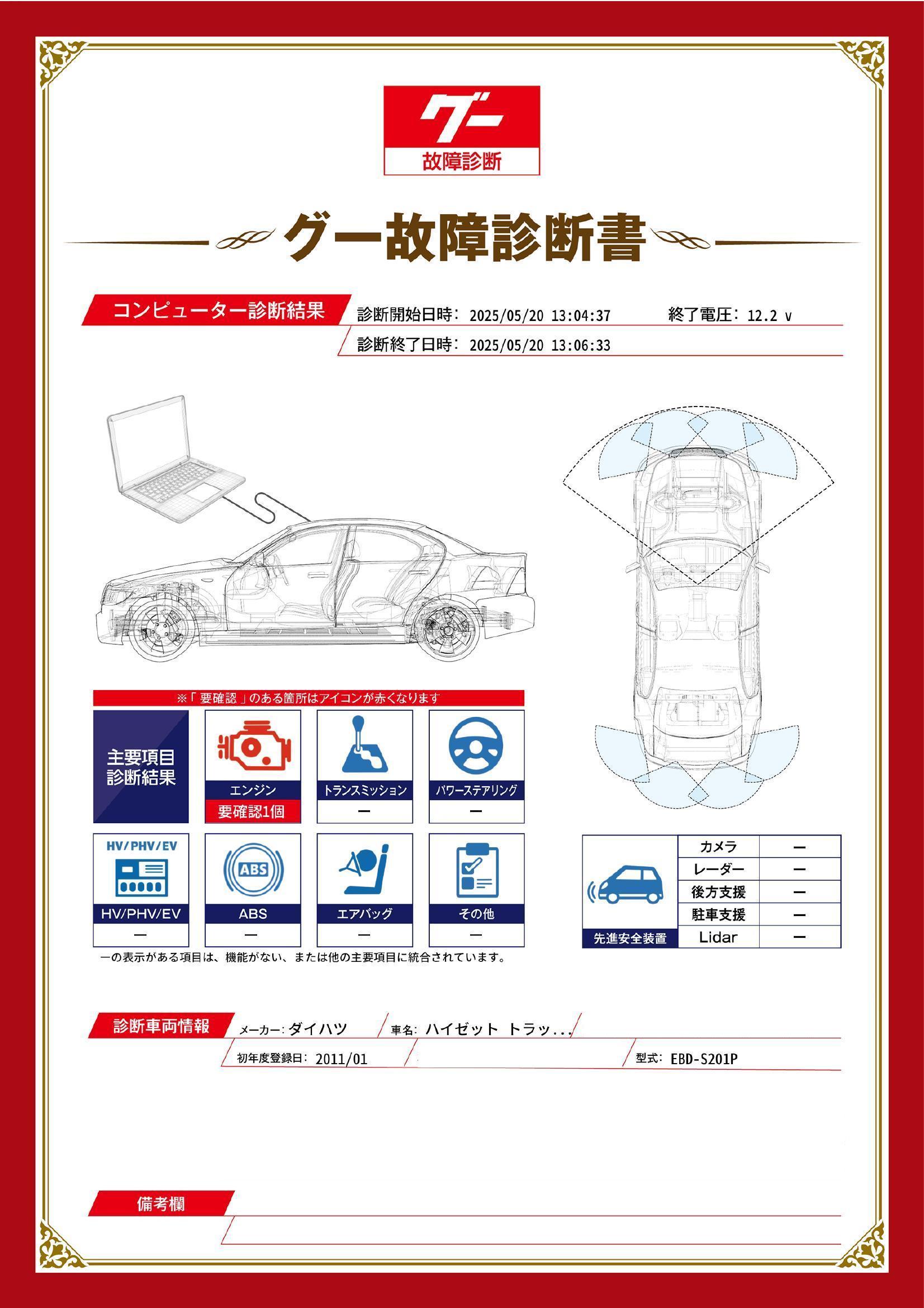 ダイハツ　ハイゼット トラック　グー故障診断（コンピュータ診断）　エンジン　福岡県　大川市