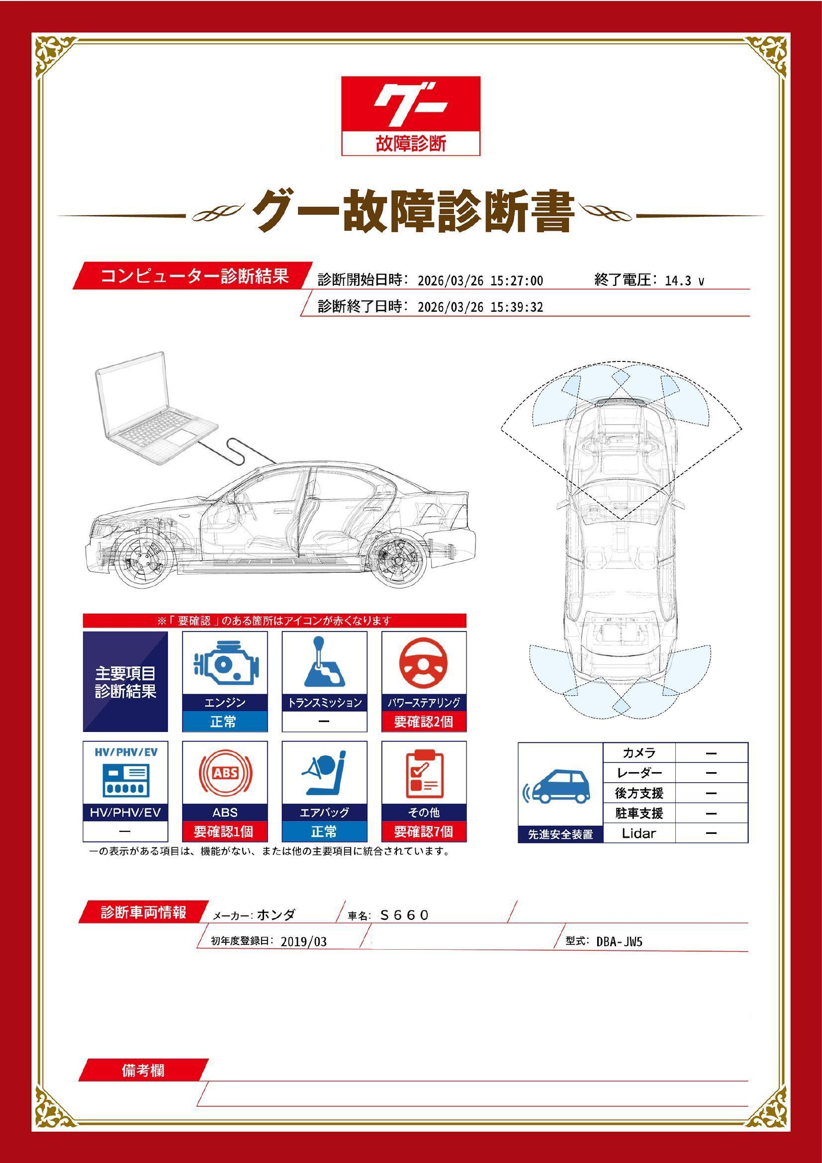 ホンダ　Ｓ６６０　グー故障診断（コンピュータ診断）　ABS　パワーステアリング　その他　栃木県　小山市