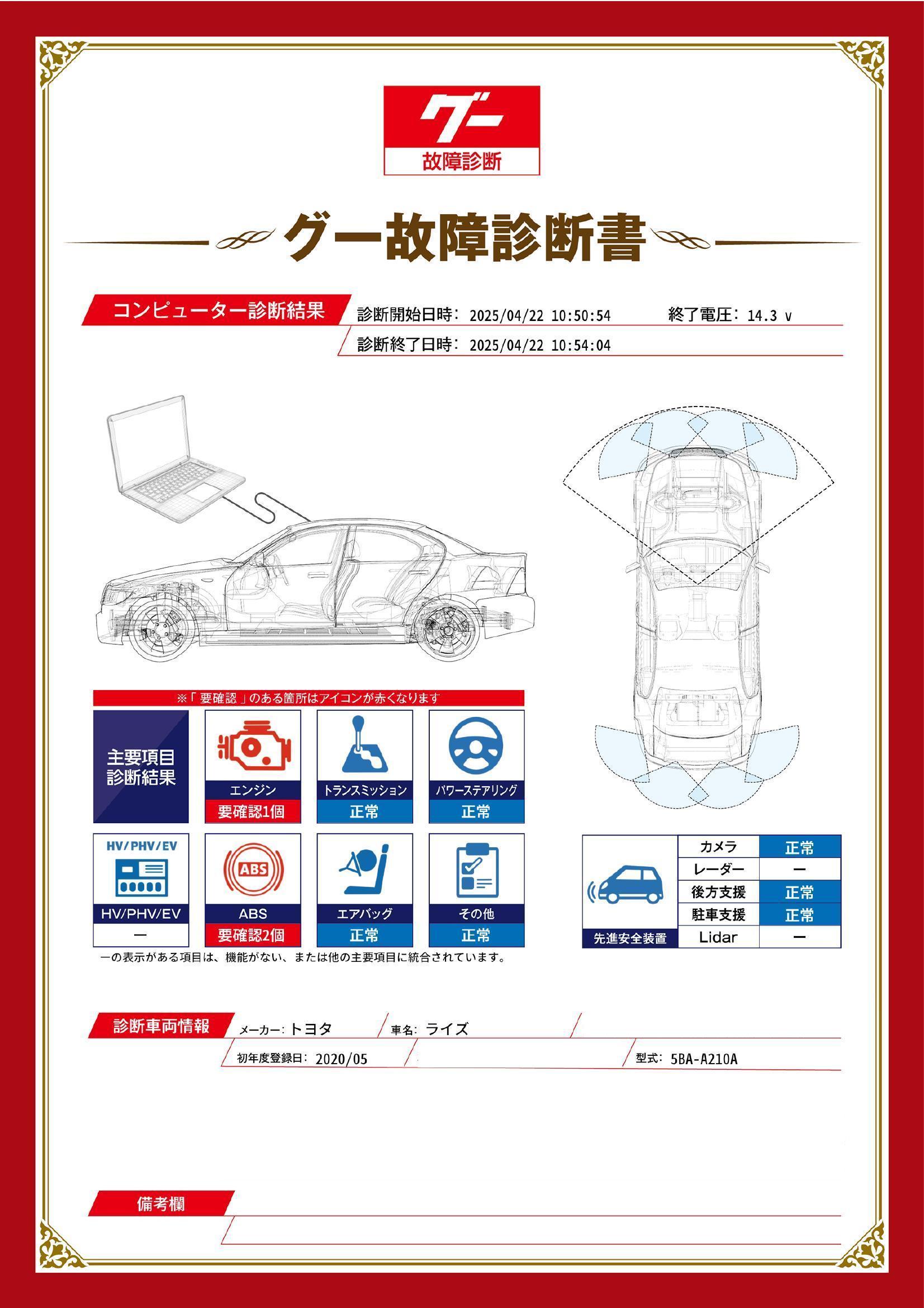 トヨタ　ライズ　グー故障診断（コンピュータ診断）　エンジン　ABS　栃木県　小山市