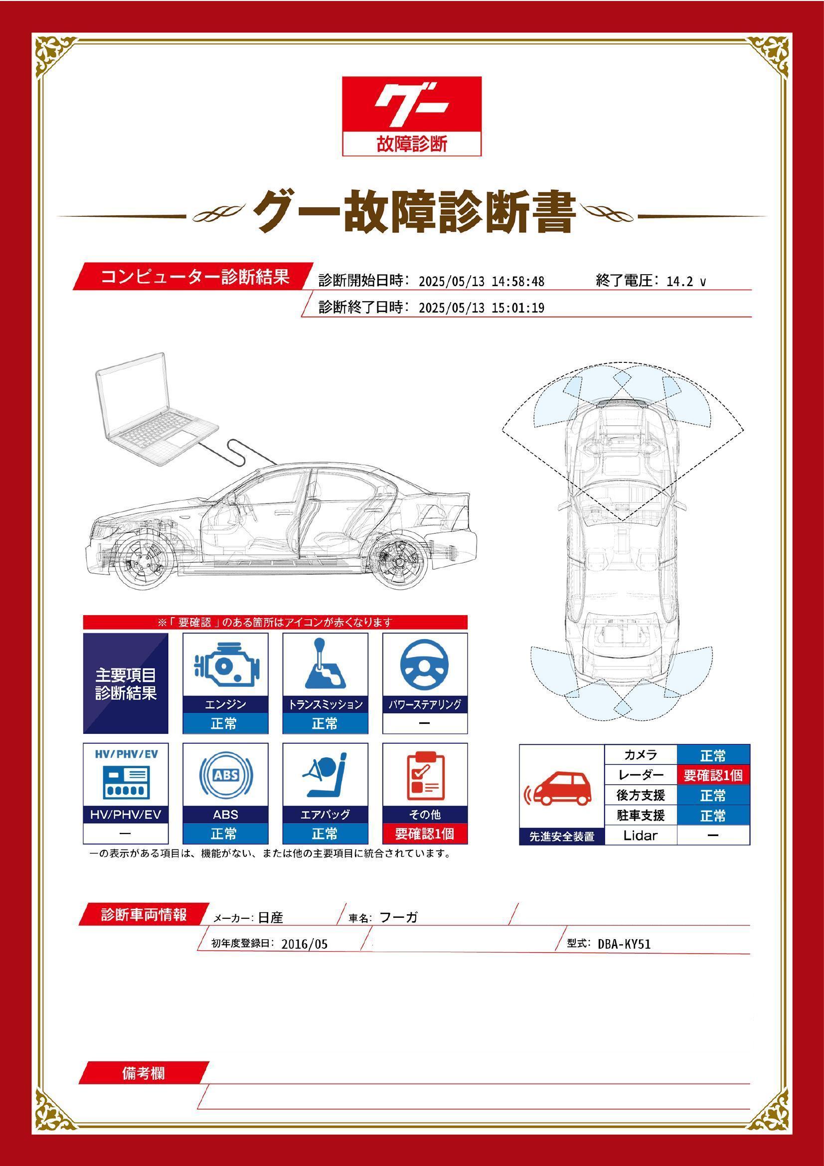日産　フーガ　グー故障診断（コンピュータ診断）　先進安全装置　その他　栃木県　小山市