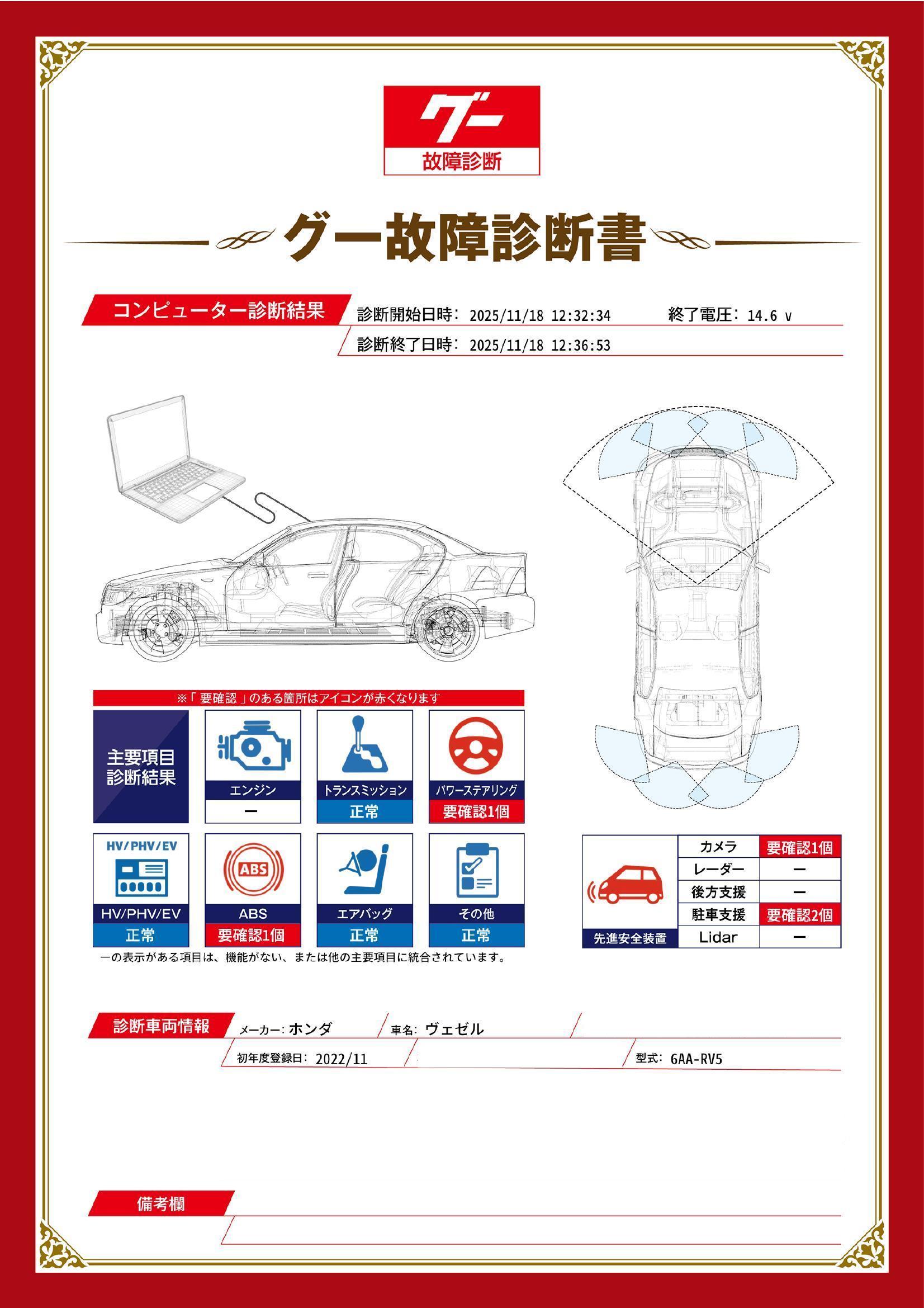 ホンダ　ヴェゼル　グー故障診断（コンピュータ診断）　ABS　パワーステアリング　先進安全装置　栃木県　小山市