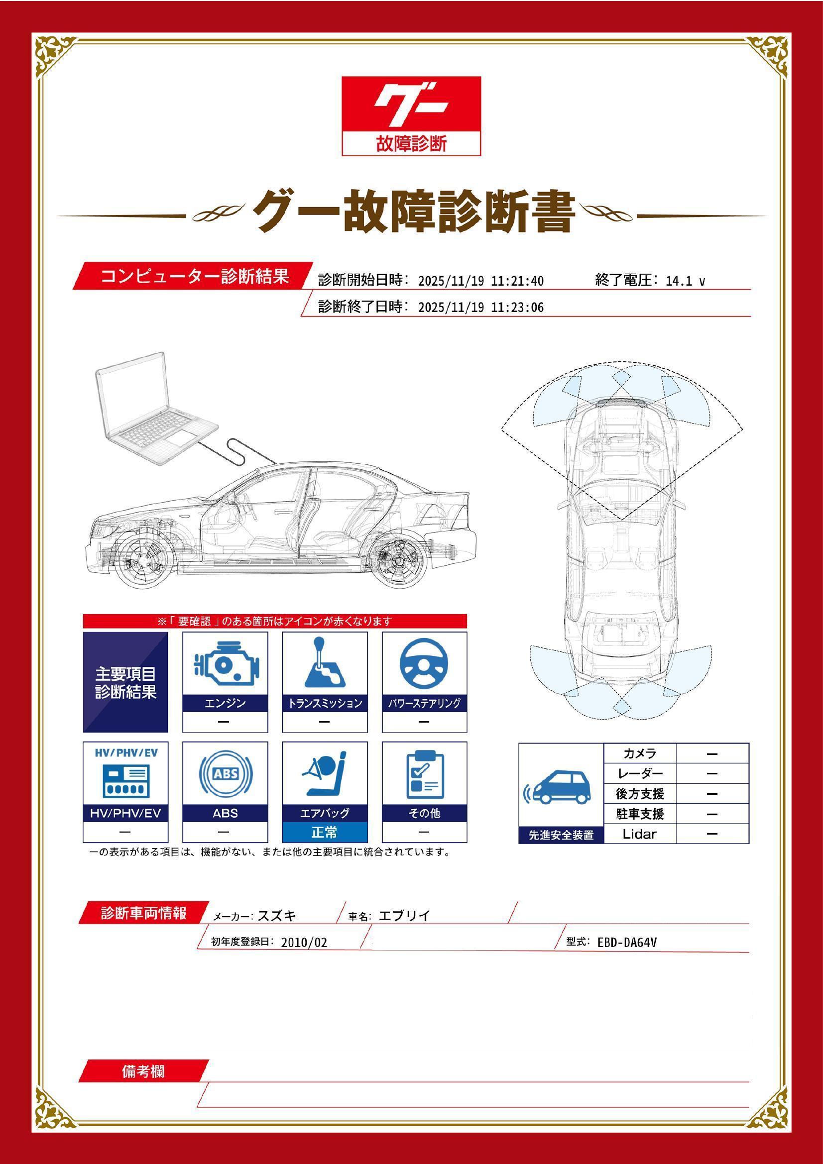スズキ　エブリイ　グー故障診断（コンピュータ診断）　栃木県　小山市