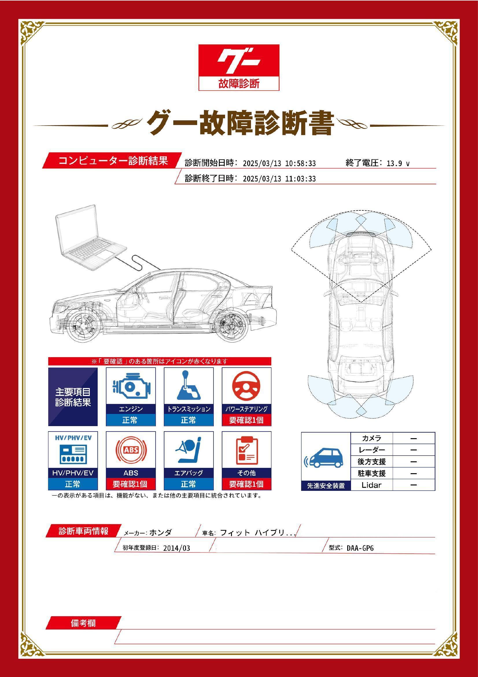 ホンダ　フィットハイブリッド　グー故障診断（コンピュータ診断）　ABS　パワーステアリング　その他　愛知県　豊橋市