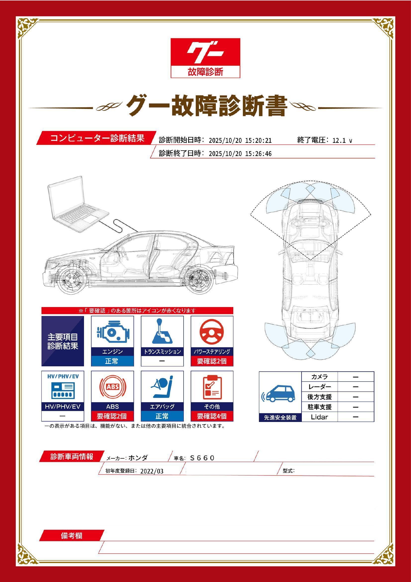 ホンダ　Ｓ６６０　グー故障診断（コンピュータ診断）　ABS　パワーステアリング　その他　埼玉県　春日部市