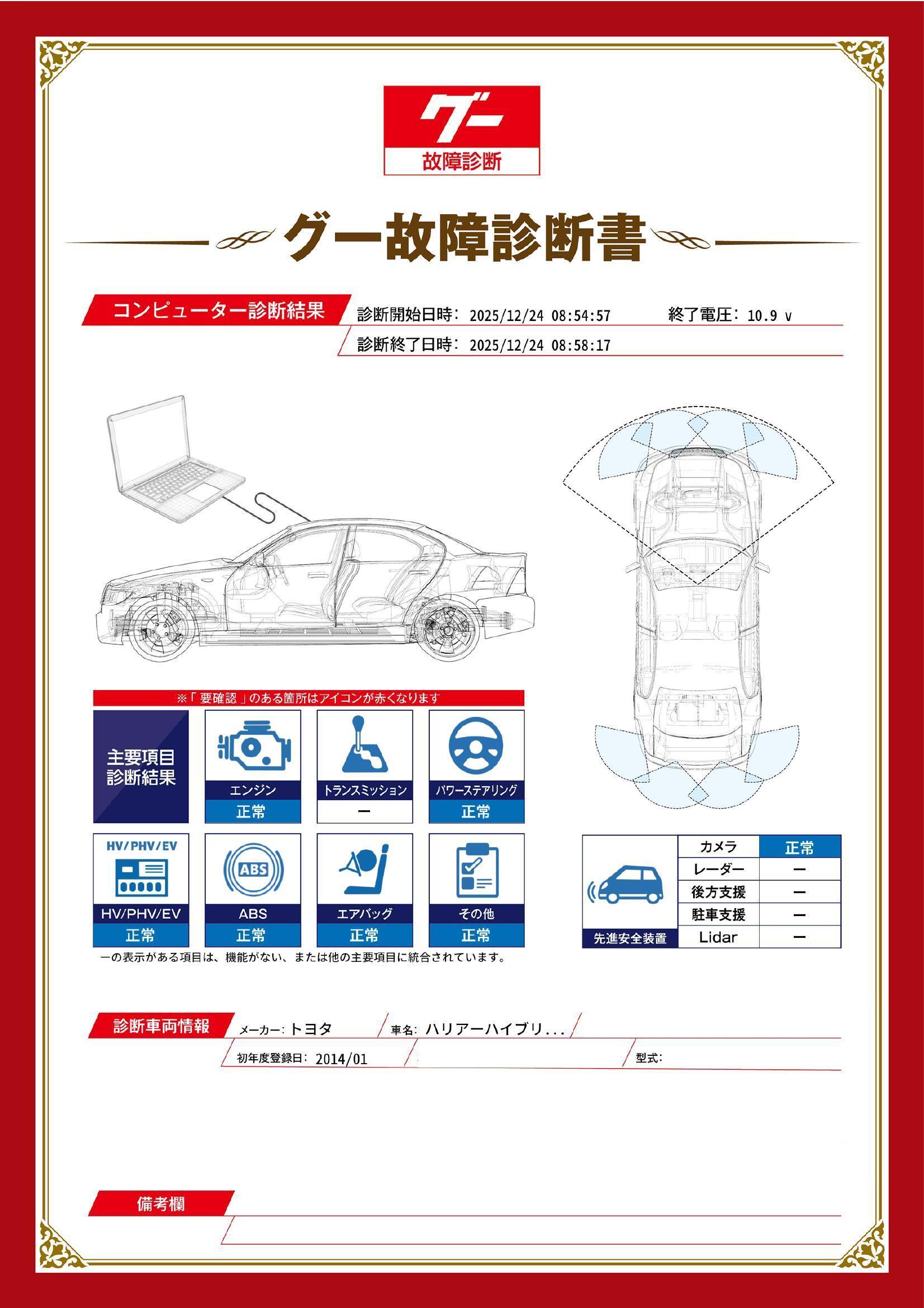 トヨタ　ハリアーハイブリッド　グー故障診断（コンピュータ診断）　埼玉県　春日部市