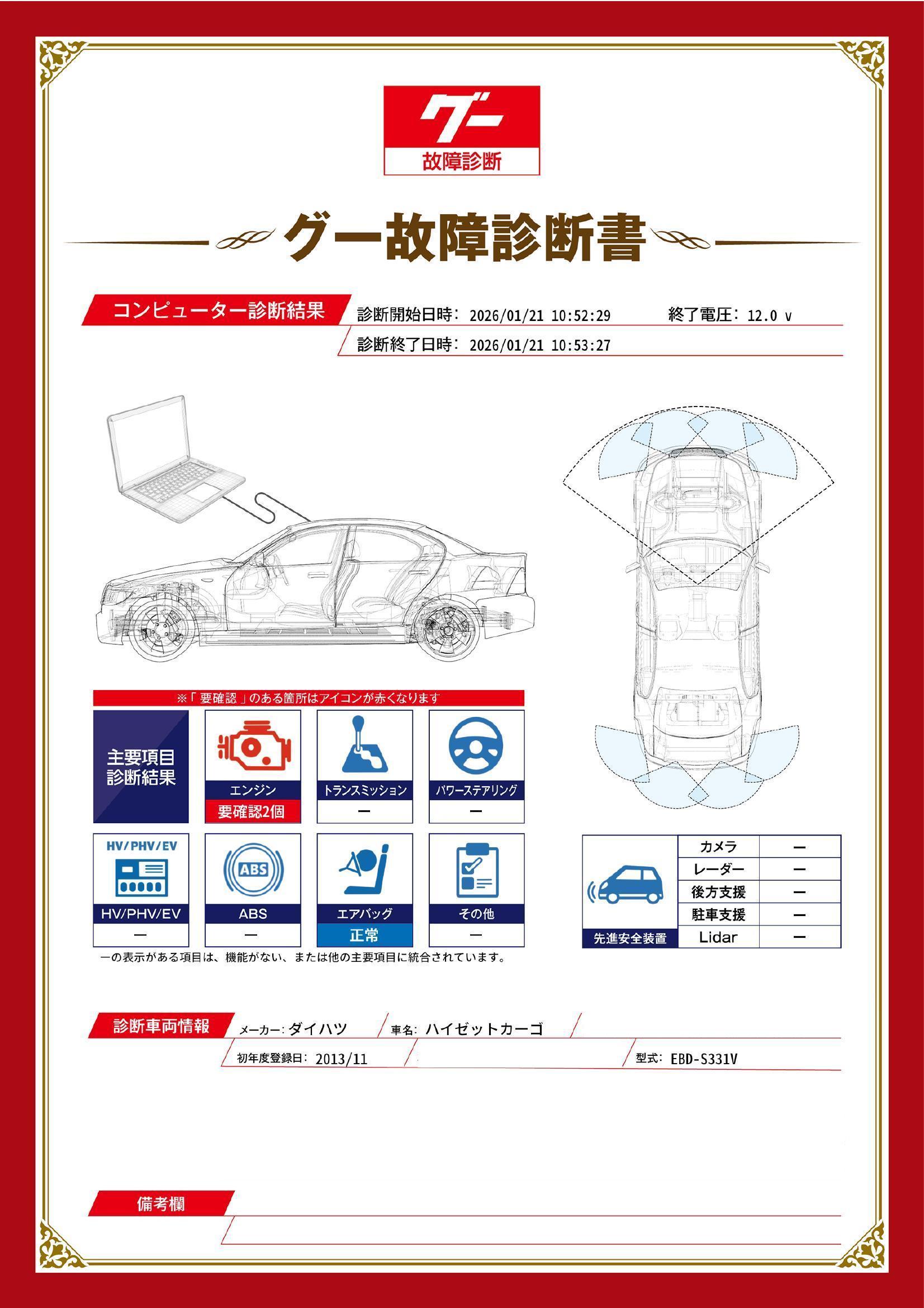 ダイハツ　ハイゼットカーゴ　グー故障診断（コンピュータ診断）　エンジン　宮城県　仙台市宮城野区