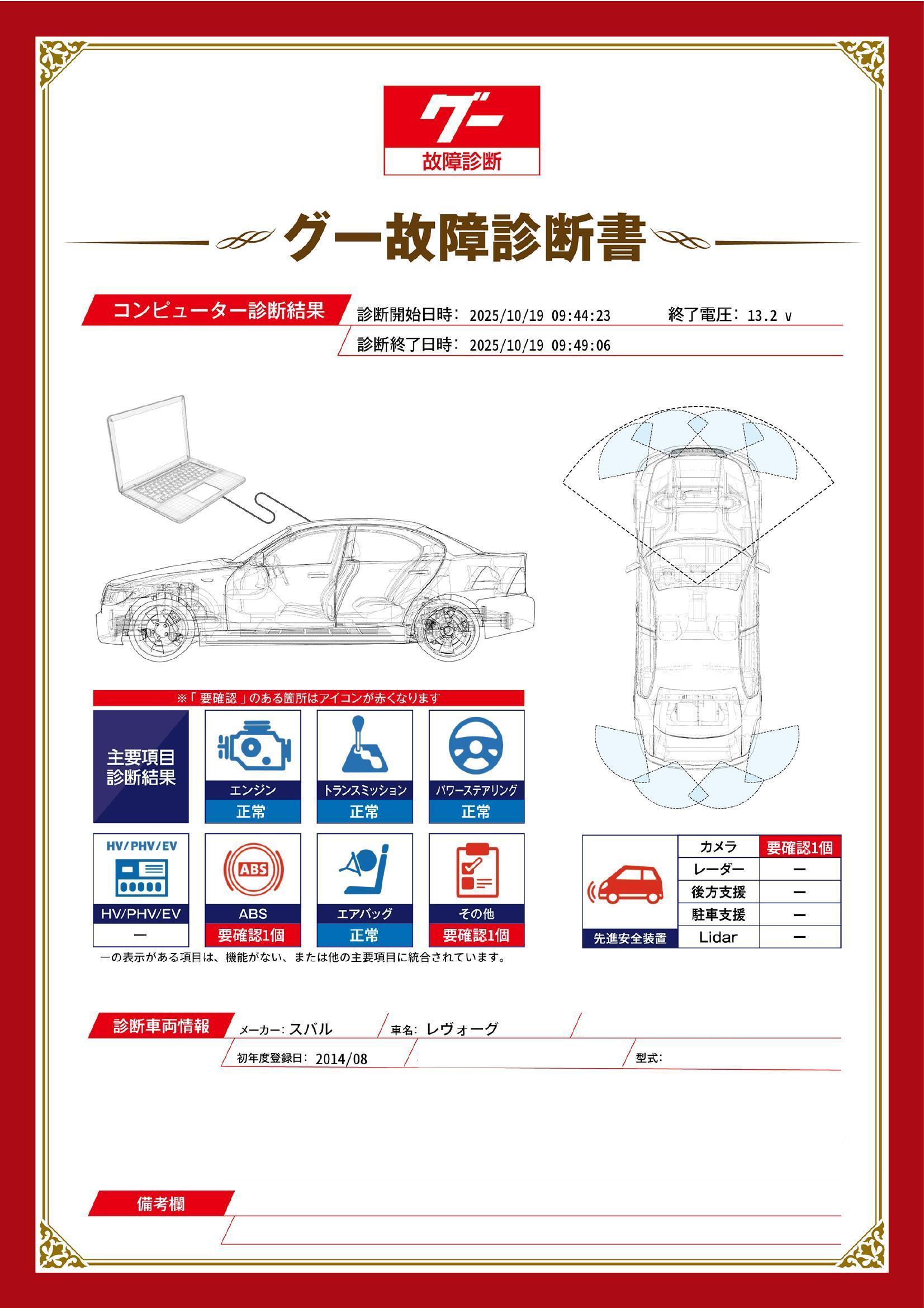 スバル　レヴォーグ　グー故障診断（コンピュータ診断）　ABS　先進安全装置　その他　千葉県　船橋市