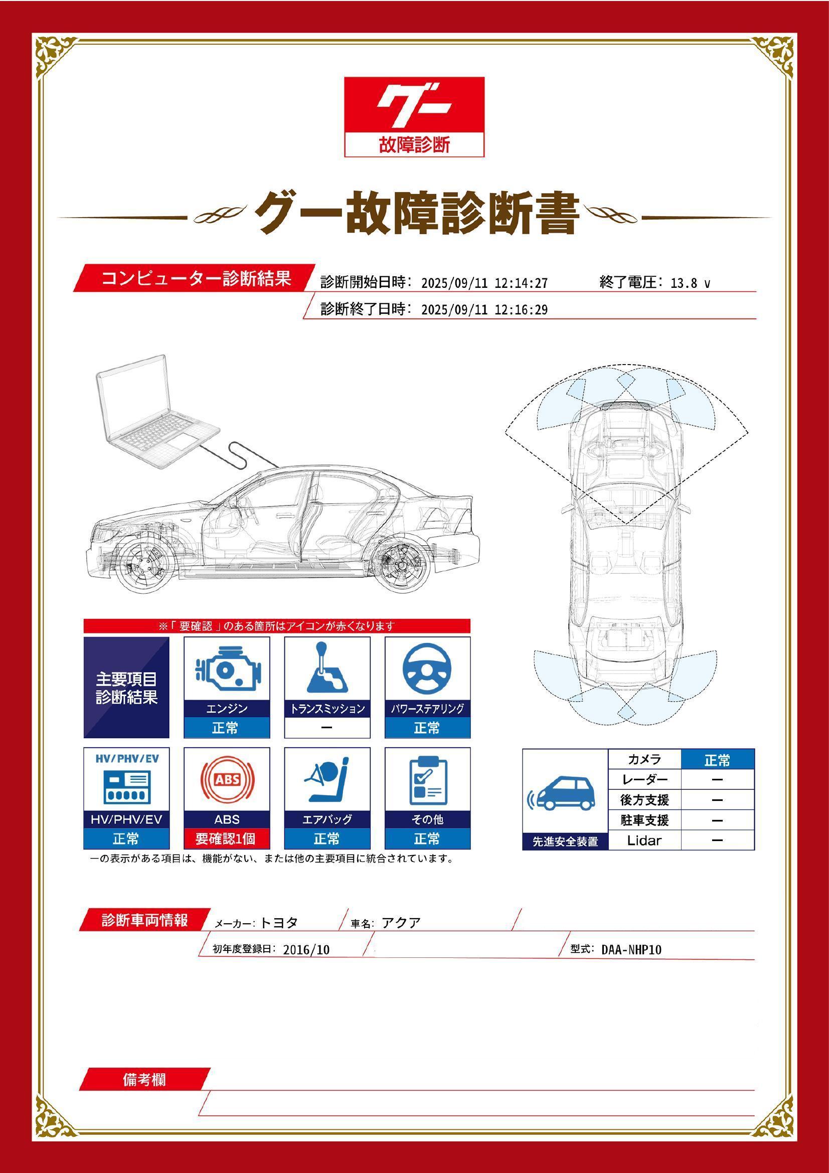 トヨタ　アクア　グー故障診断（コンピュータ診断）　ABS　東京都　大田区