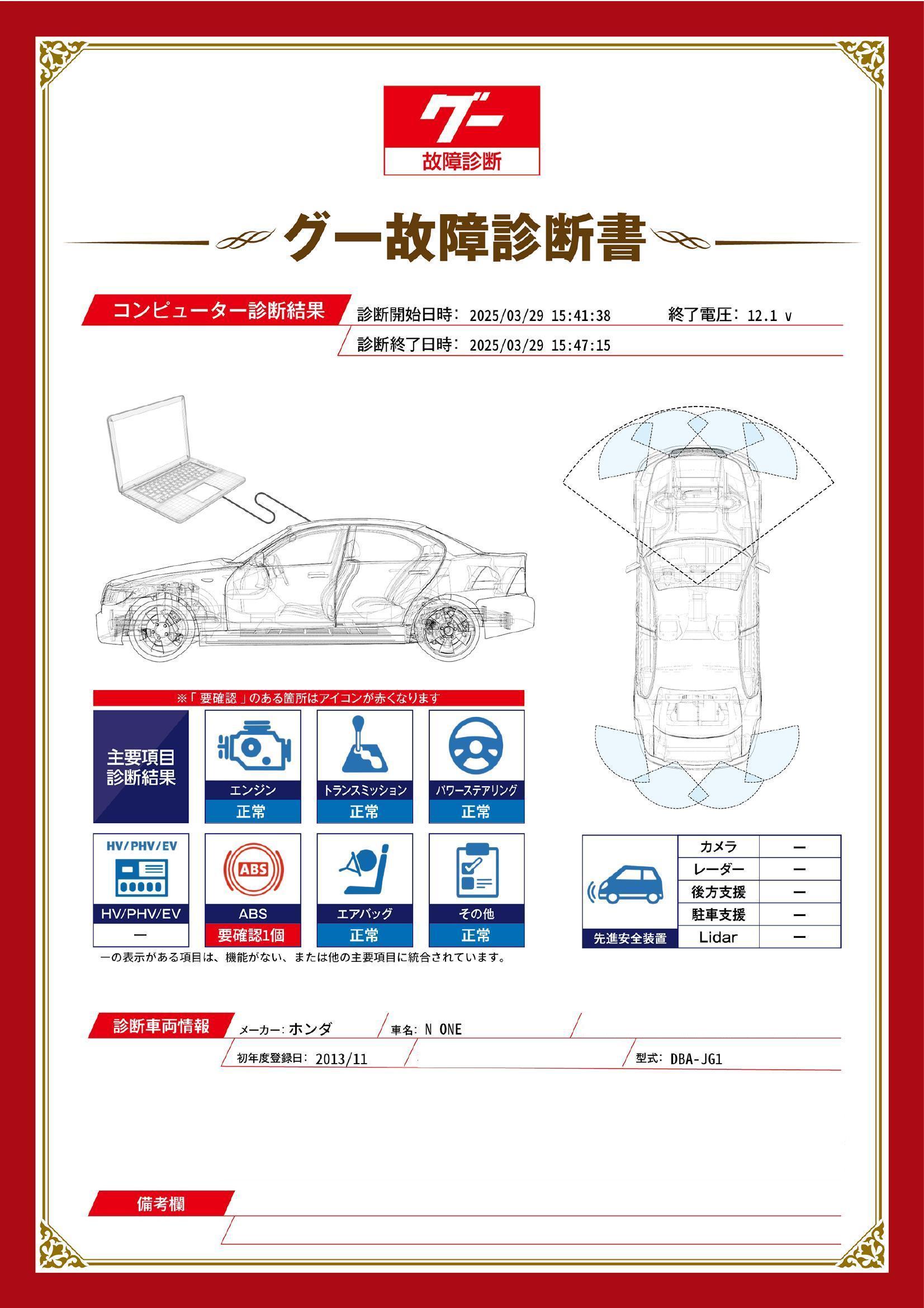 ホンダ　Ｎ－ＯＮＥ　グー故障診断（コンピュータ診断）　ABS　静岡県　伊豆の国市