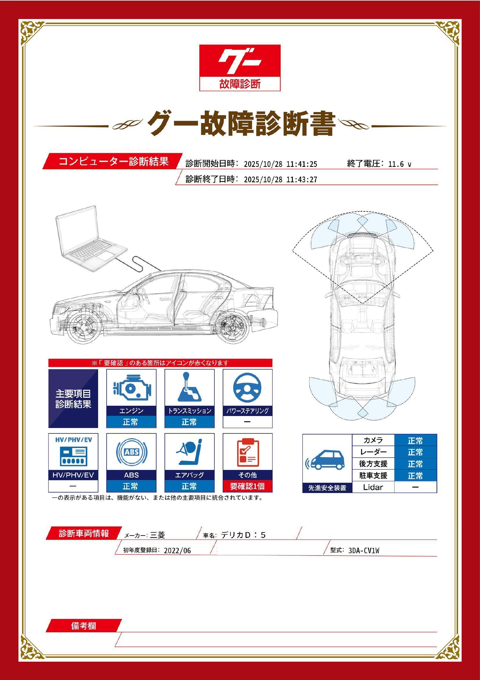 三菱　デリカＤ：５　グー故障診断（コンピュータ診断）　その他　静岡県　藤枝市