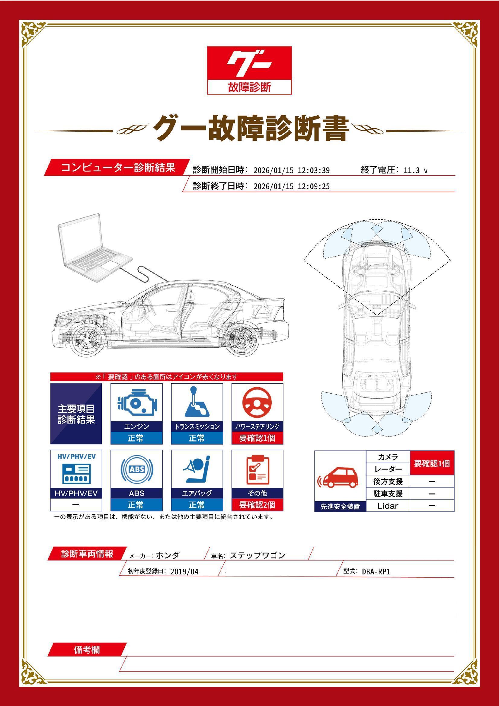 ホンダ　ステップワゴン　グー故障診断（コンピュータ診断）　パワーステアリング　先進安全装置　その他　静岡県　藤枝市