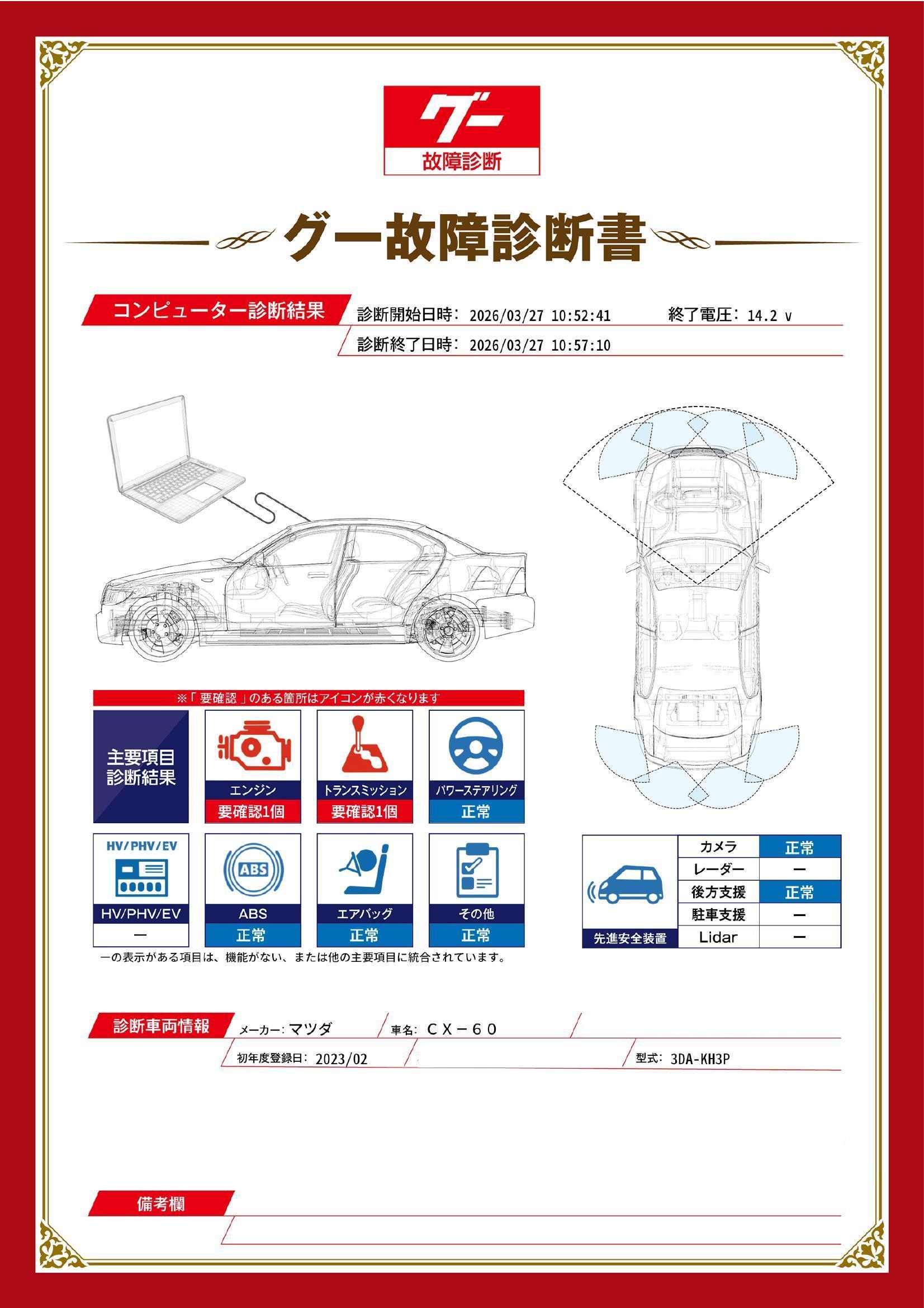 マツダ　ＣＸ－６０　グー故障診断（コンピュータ診断）　エンジン　トランスミッション　石川県　金沢市