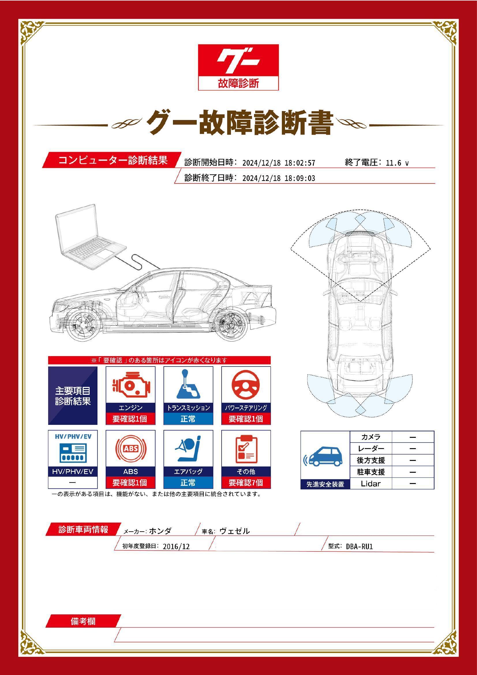 ホンダ　ヴェゼル　グー故障診断（コンピュータ診断）　エンジン　ABS　パワーステアリング　その他　石川県　金沢市