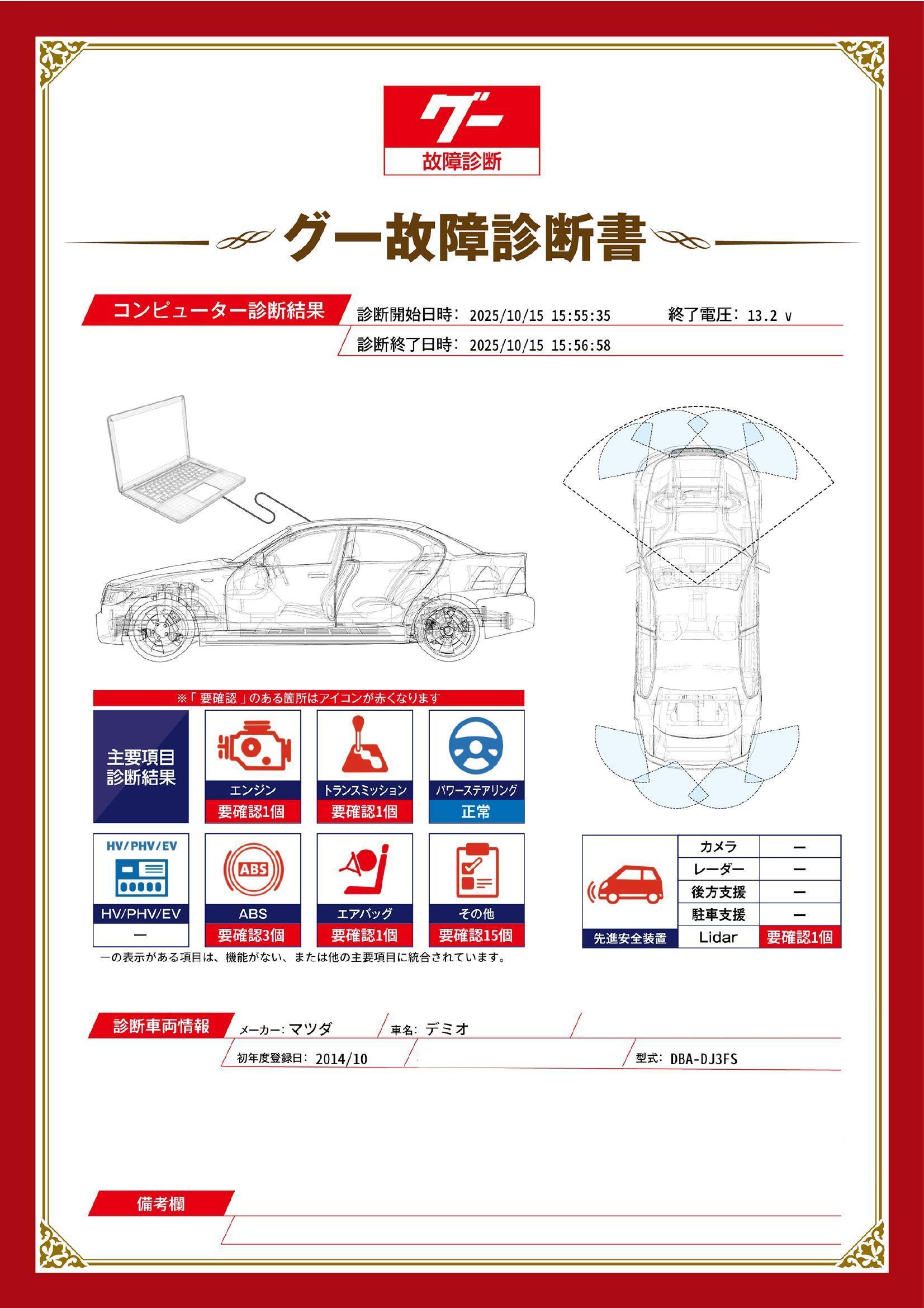マツダ　デミオ　グー故障診断（コンピュータ診断）　エンジン　トランスミッション　ABS　エアバッグ　先進安全装置　その他　石川県　金沢市